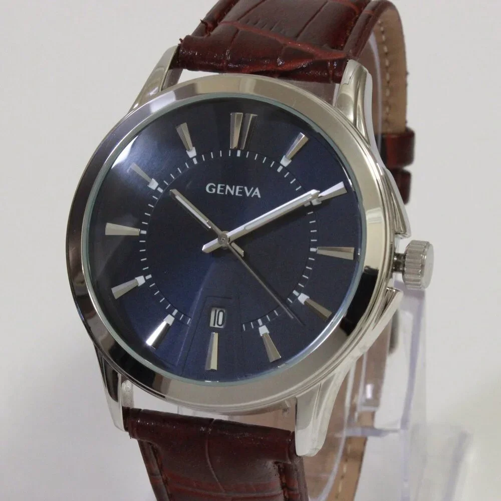 Geneva Men's Dress Watch Silver Tone Navy Blue Dial Brown Strap 42mm